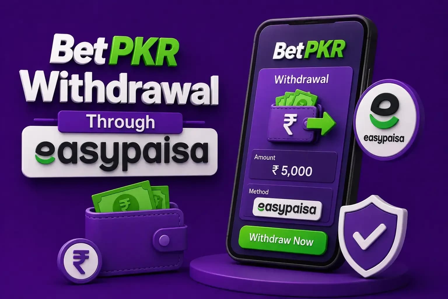 BetPKR withdrawal of PKR 5,000 through Easypaisa on a phone, with the Easypaisa logo, a wallet and a shield.