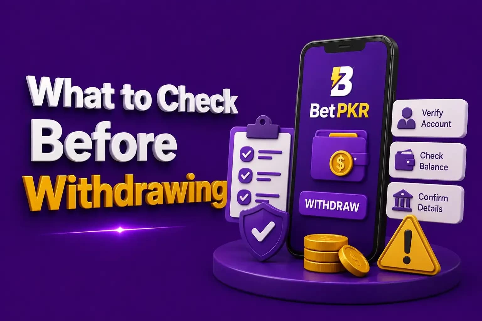 Phone showing a BetPKR withdraw button beside verify account, check balance and confirm details cards.