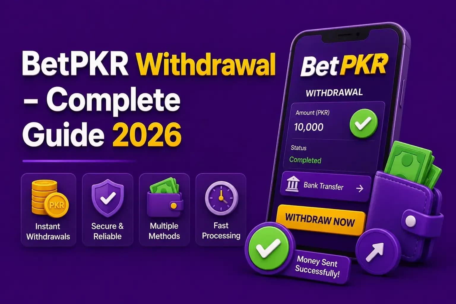BetPKR withdrawal of PKR 10,000 completed by bank transfer, with a wallet of notes and a money-sent badge.