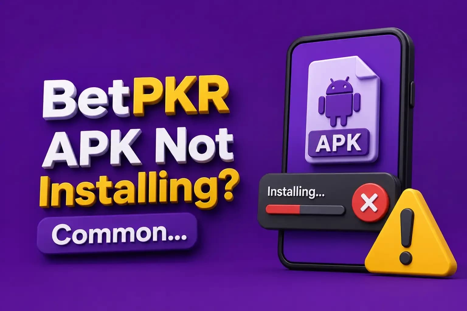 betpkr apk not installing Phone showing a failed BetPKR APK install with a red progress bar, a cross icon and a yellow warning sign.