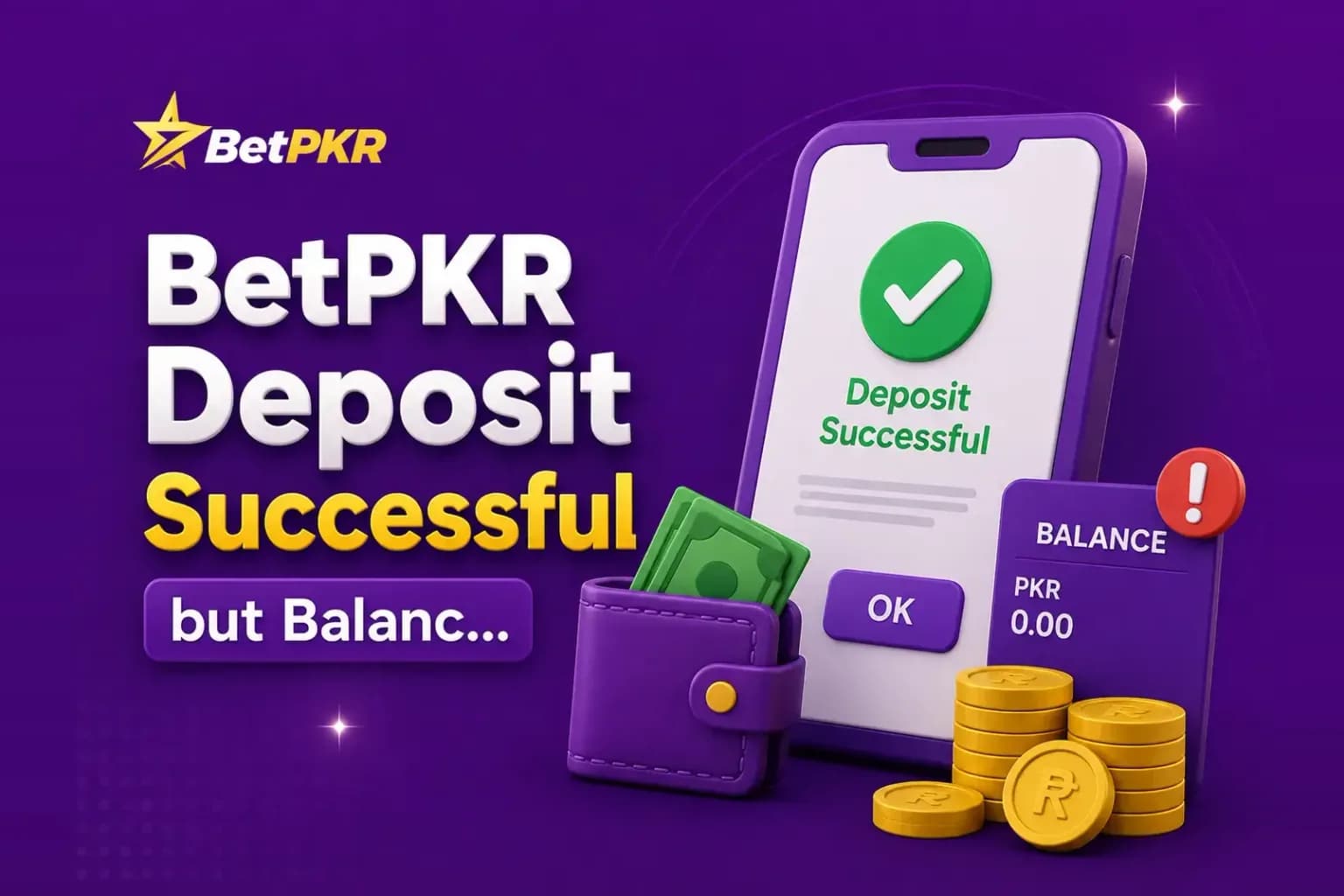 betpkr deposit not updated Phone showing a successful BetPKR deposit next to a balance card reading PKR 0.00 with a red alert badge.