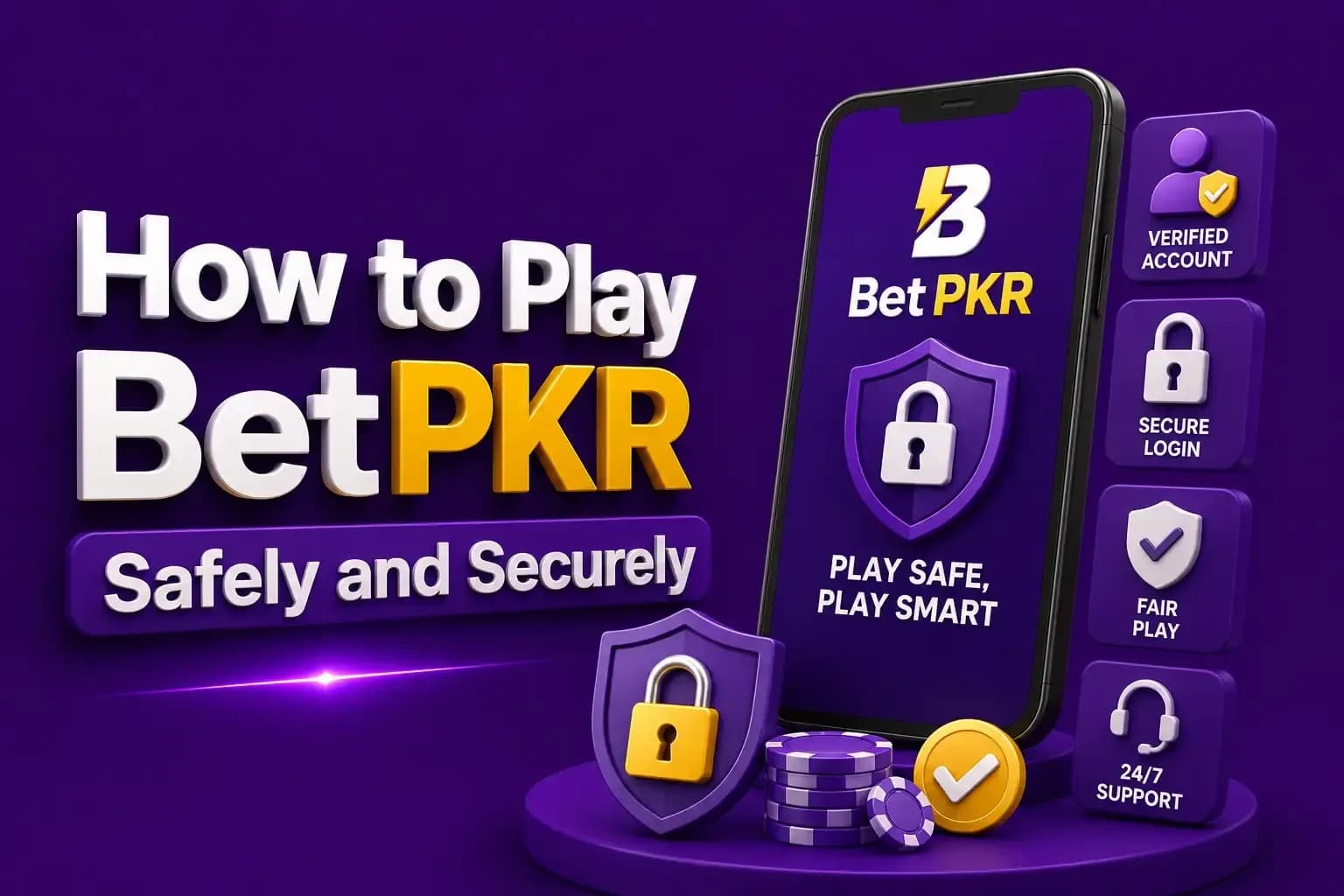 betpkr safety Phone showing a BetPKR play-safe shield beside verified account, secure login, fair play and support cards.