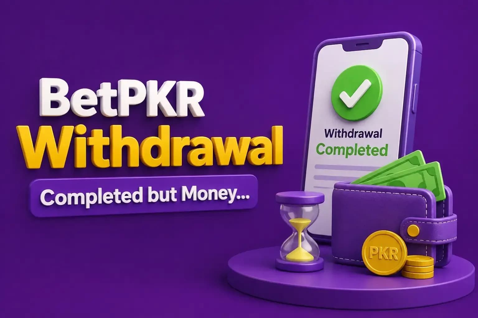 betpkr withdrawal not received Phone showing a completed BetPKR withdrawal beside an hourglass, a wallet of notes and a gold PKR coin.