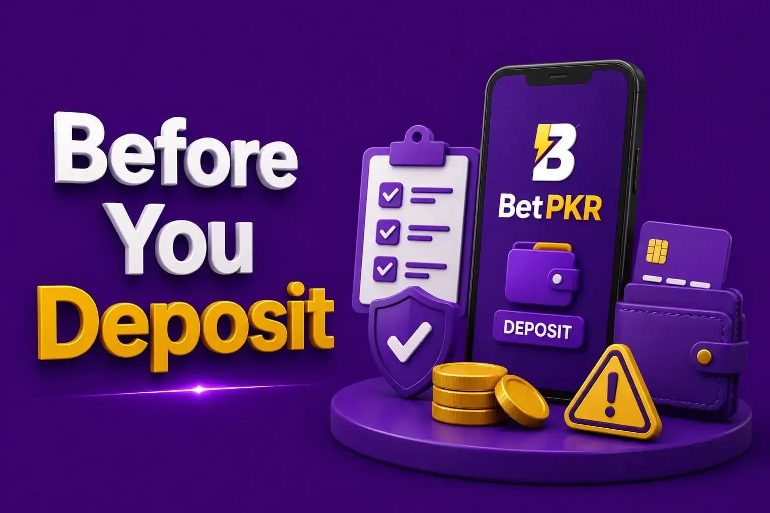 before you deposit Phone showing the BetPKR deposit button beside a ticked checklist, a shield, gold coins and a warning sign.