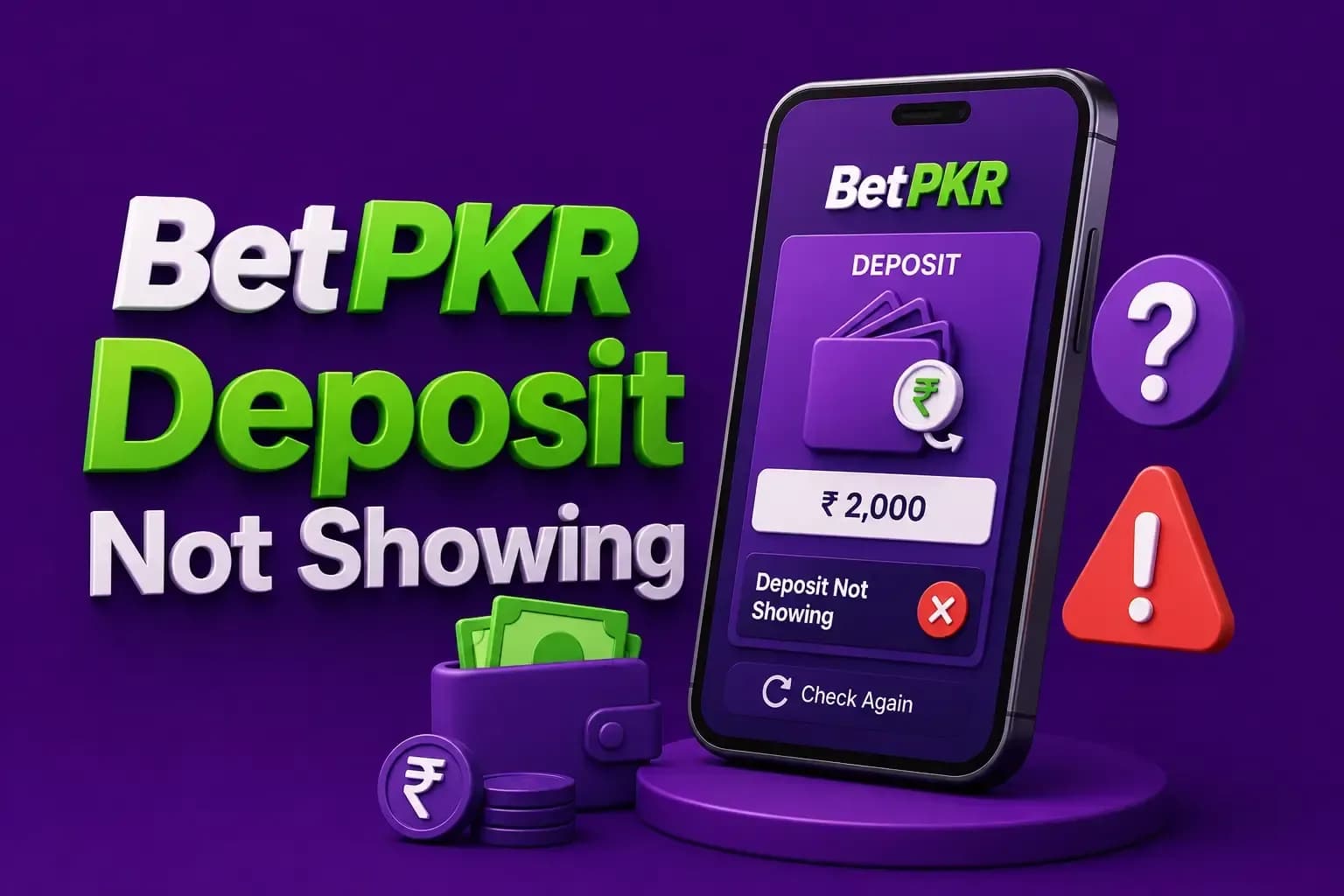 betpkr deposit not showing Phone showing a PKR 2,000 BetPKR deposit marked not showing, with a Check Again button and a red warning.