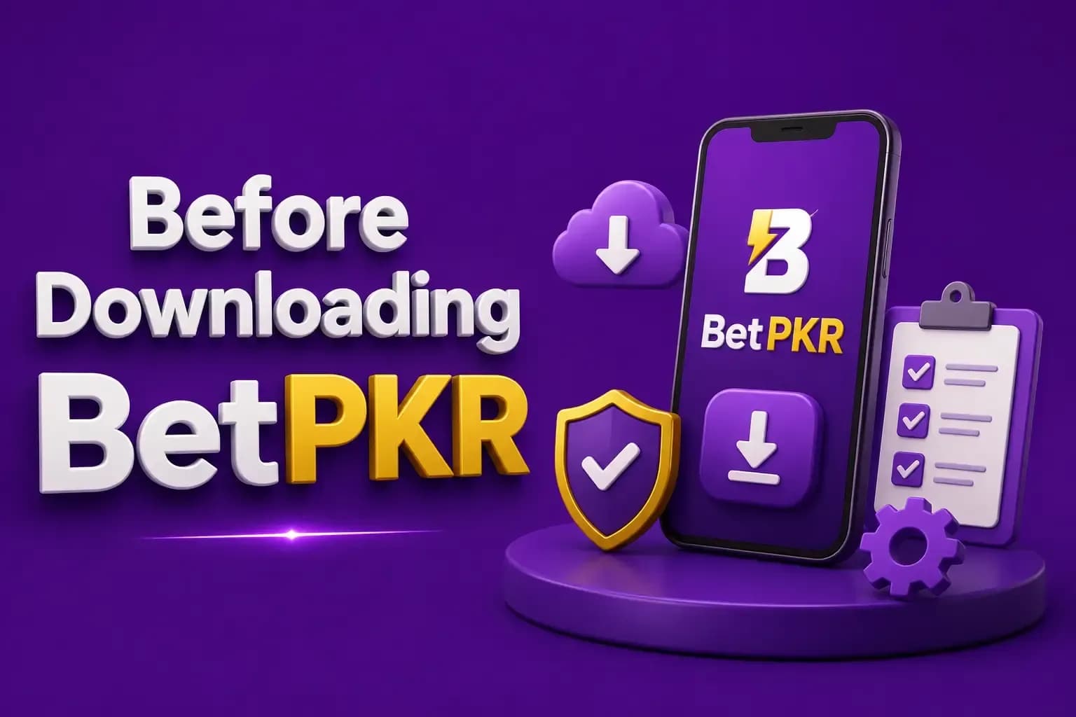 before downloading betpkr Phone with the BetPKR app open beside a download cloud, a gold shield check mark and a ticked checklist.
