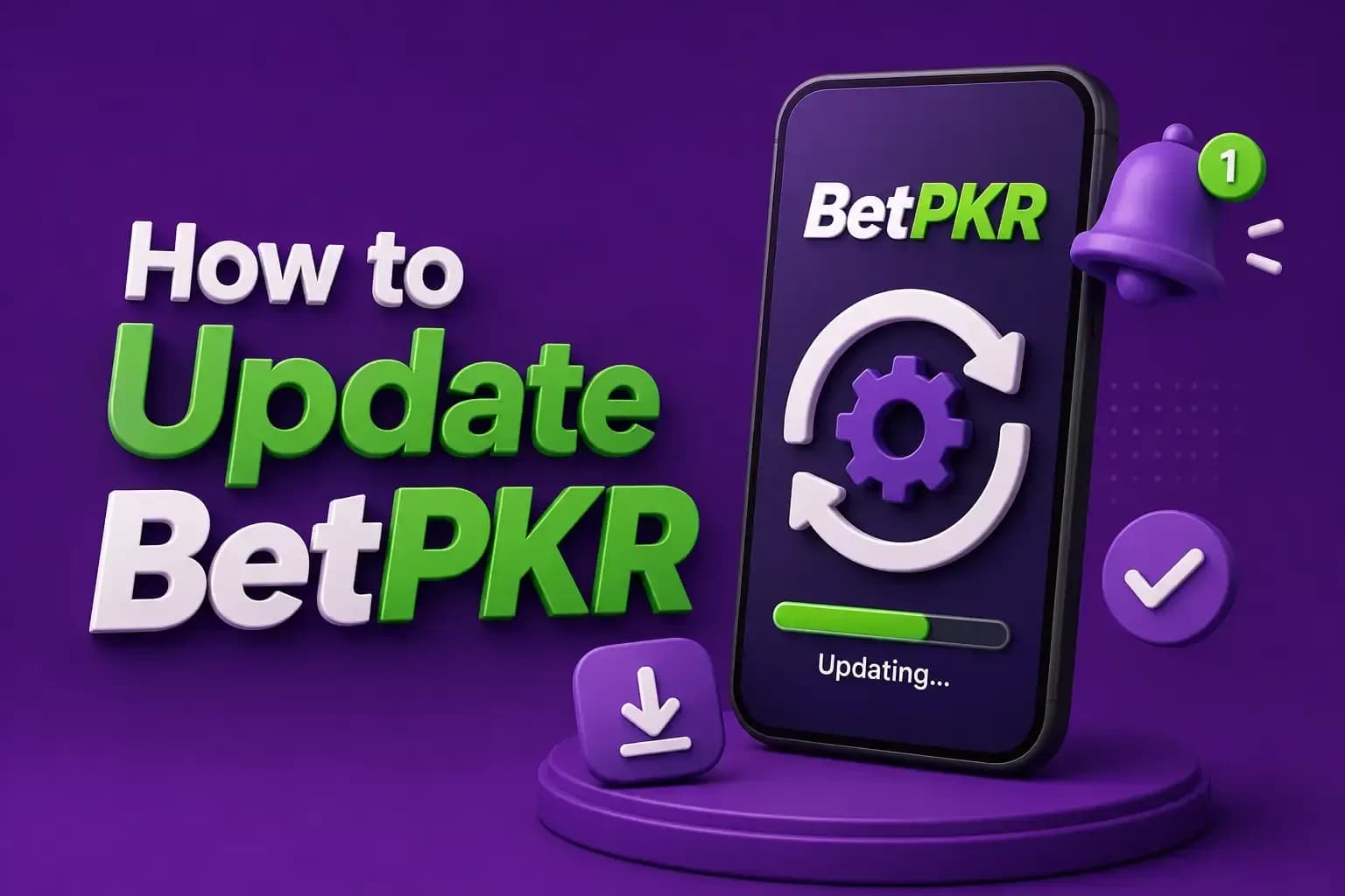 how to update betpkr Phone showing a BetPKR update in progress with a refresh ring, a progress bar and a notification bell.