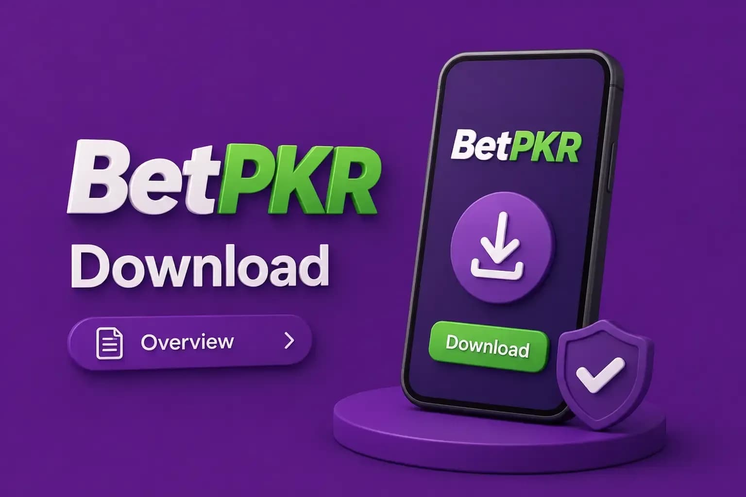 betpkr download Phone on a podium showing a large BetPKR download button, a green Download bar and a shield with a check mark.