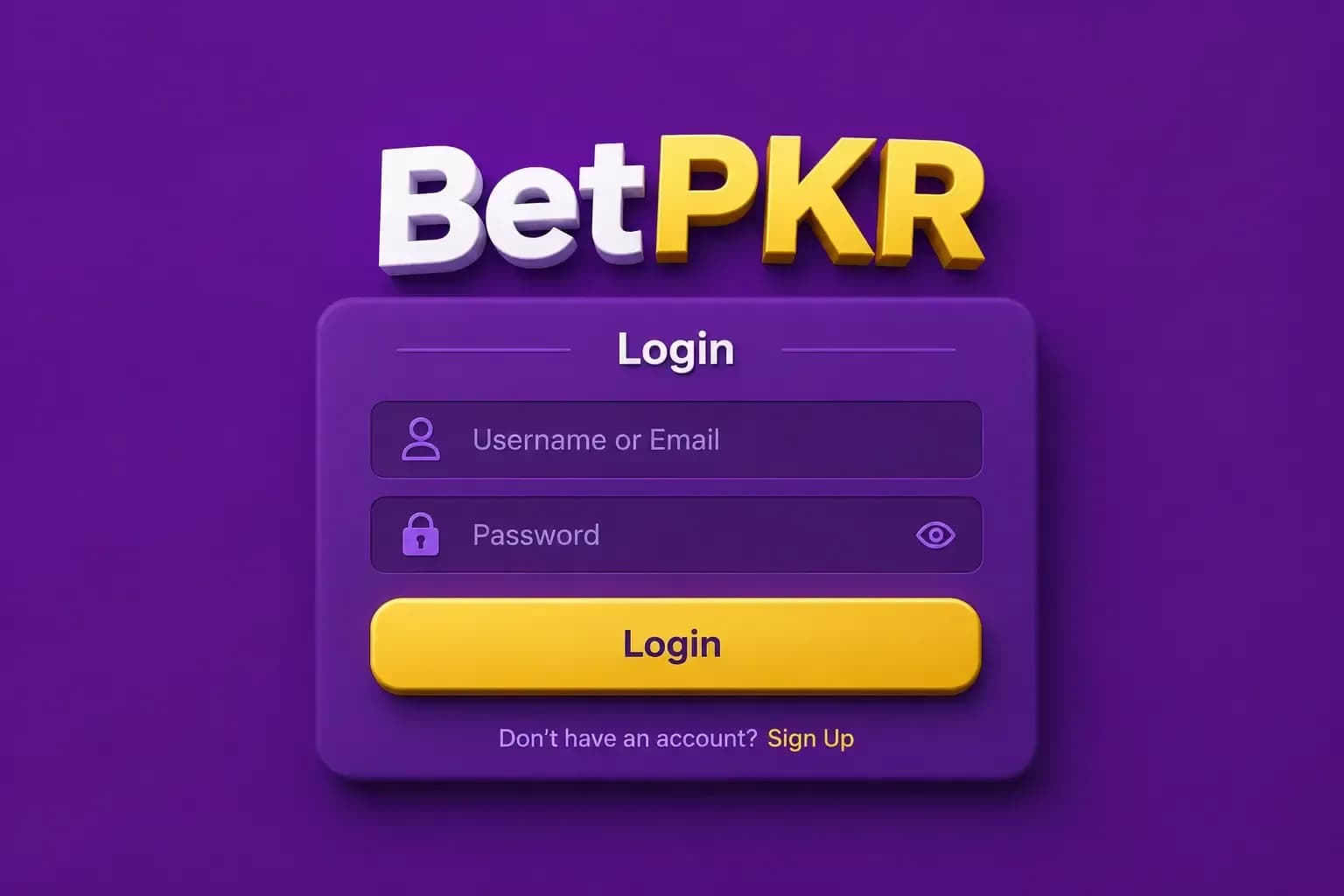 betpkr login BetPKR login card with username and password fields, a yellow Login button and a sign-up link below it.