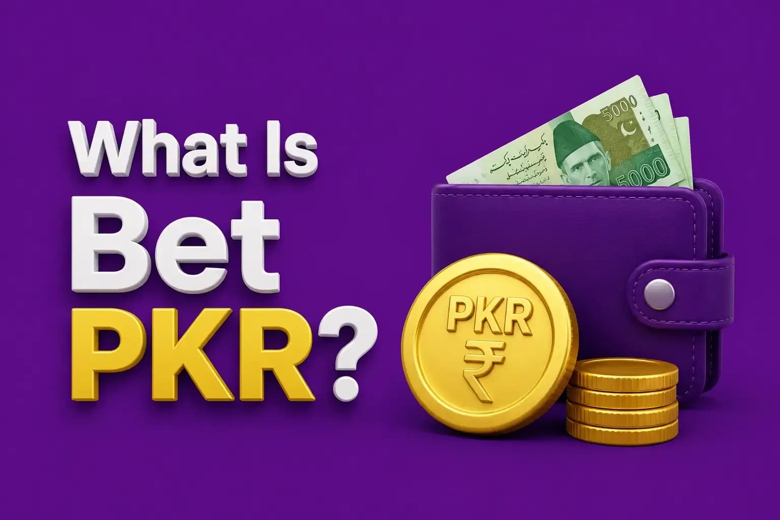 what is bet pkr Purple banner asking What Is Bet PKR, with a wallet holding 5000-rupee notes and a stack of gold PKR coins.