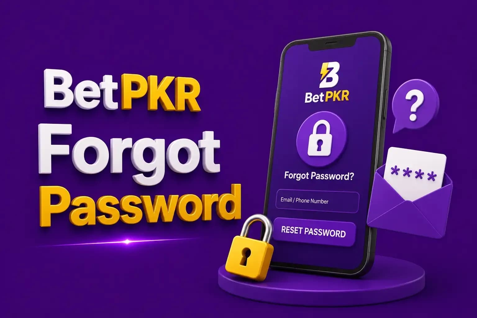 betpkr forgot password Phone showing a BetPKR reset password screen beside a gold padlock and an envelope holding a masked code.