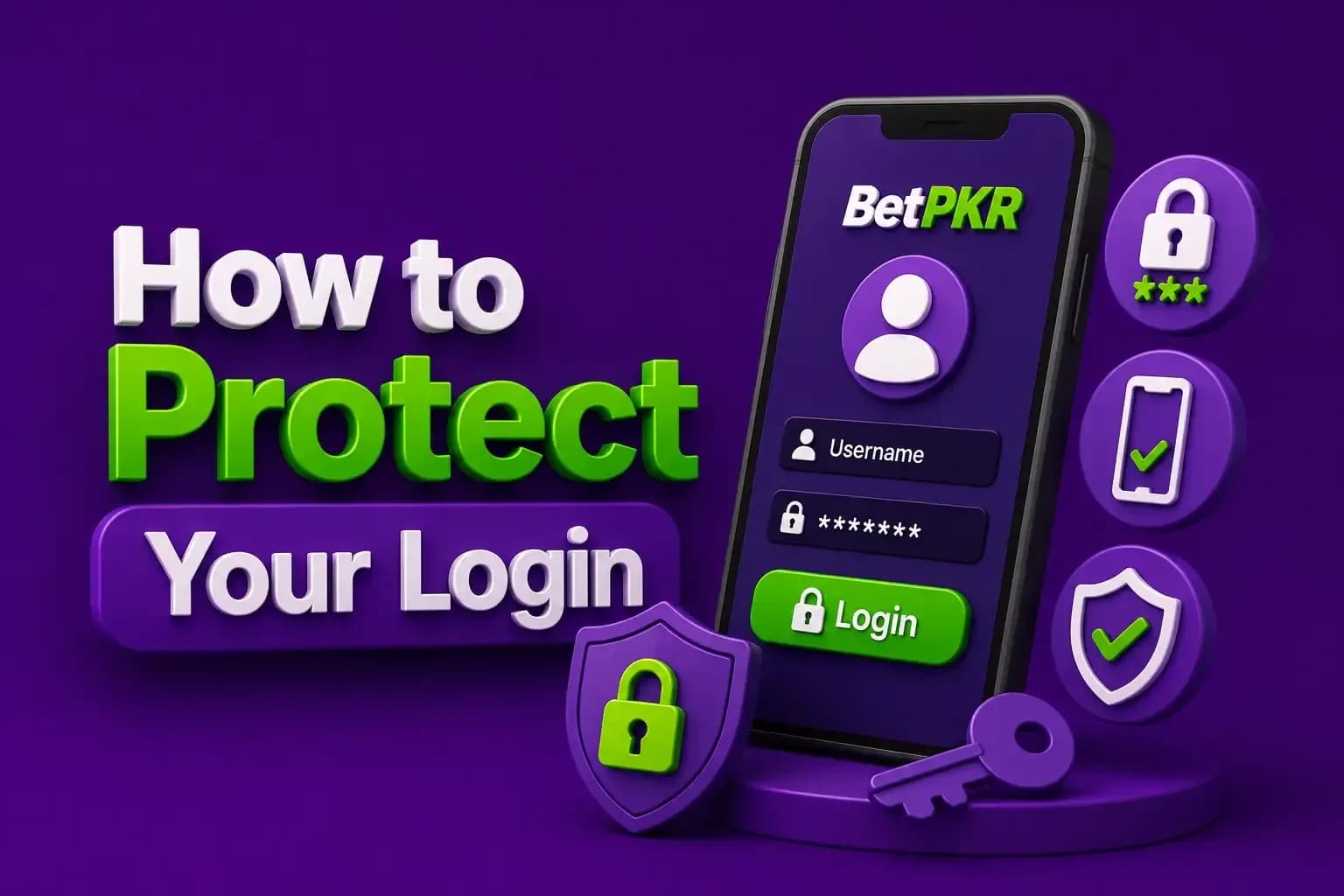 how to protect your login Phone with a masked BetPKR password beside a shield, a key and icons for password, device and safety checks.