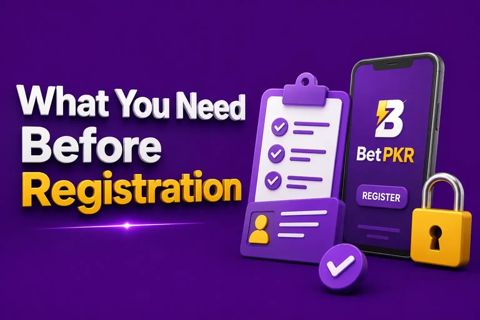 what you need before registration Ticked checklist and an ID card beside a phone showing the BetPKR register button, with a gold padlock.