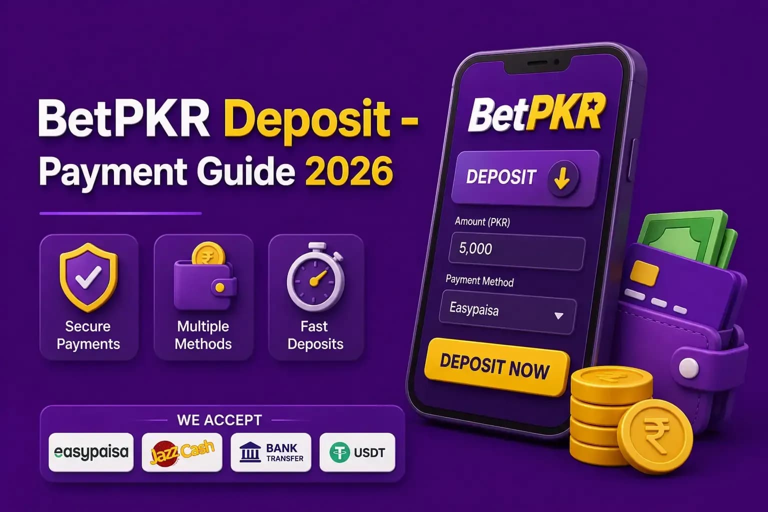 betpkr deposit BetPKR deposit screen for PKR 5,000 via Easypaisa, with Easypaisa, JazzCash, bank transfer and USDT logos.