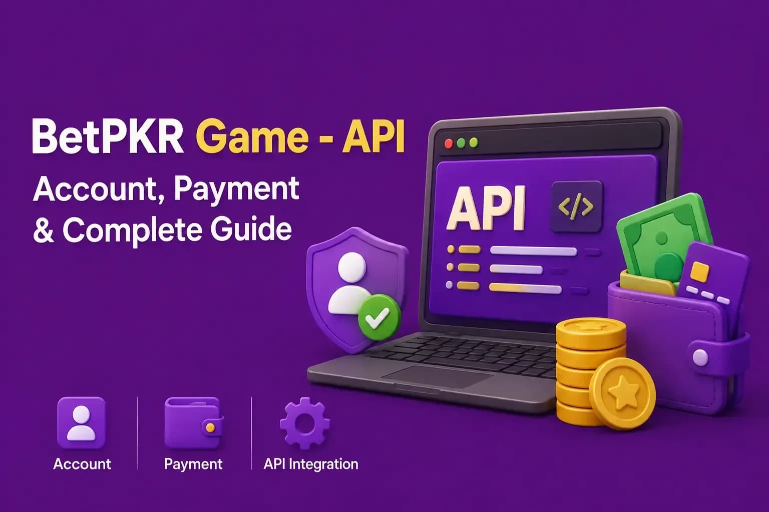 betpkr game Laptop showing a BetPKR API dashboard beside a wallet, gold coins and account, payment and settings icons.