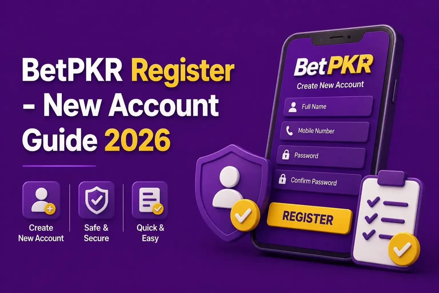 betpkr register BetPKR registration form on a phone with name, mobile and password fields and a yellow Register button.